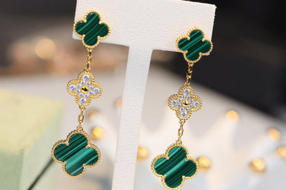 [Royal Top]CLOVER EARRINGS GOLD MALACHITE DIAMOND 3 MOTIF