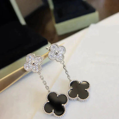 [Royal Top]CLOVER 2 MOTIFS  DIAMOND ONYX EARRINGS SILVER