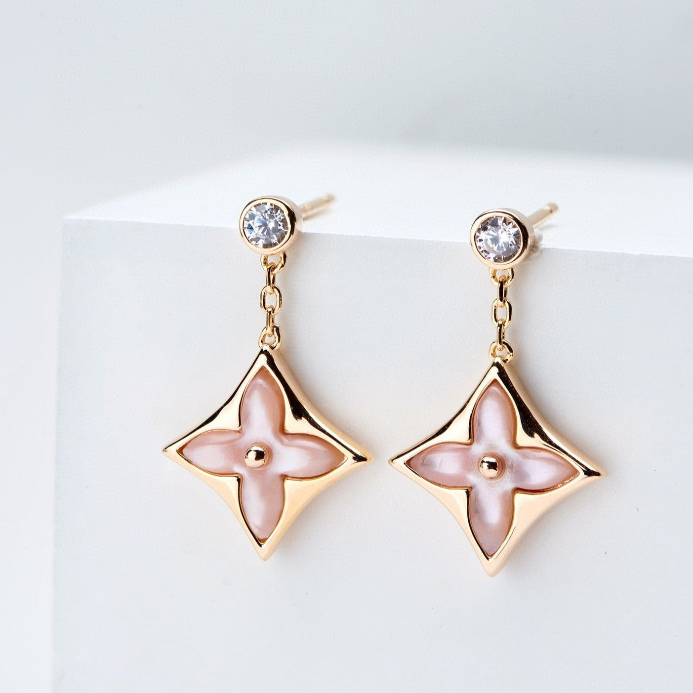 [Royal Top]DOUBLE STAR PINK GOLD MOP DROP EARRINGS