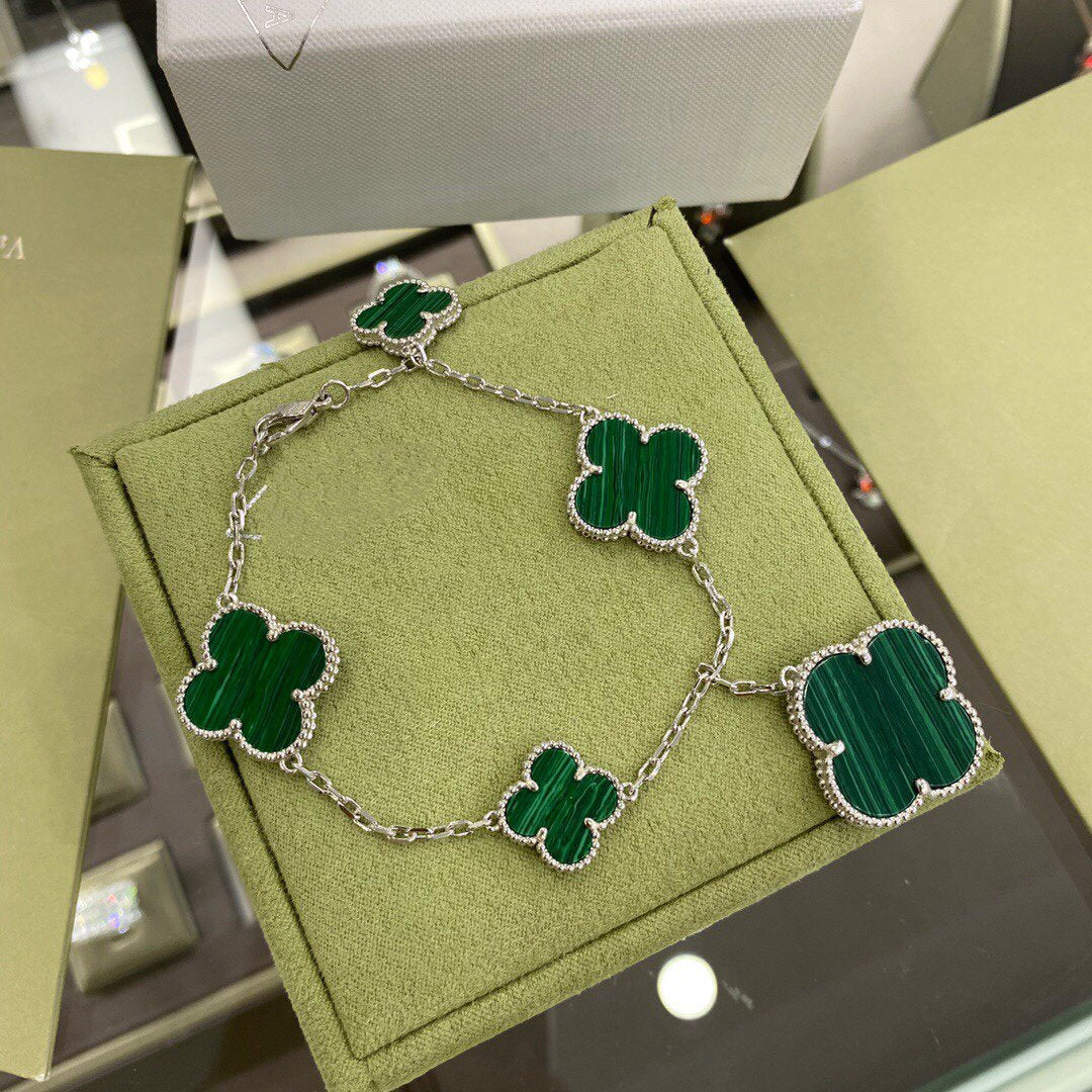 [Royal Top]CLOVER 5 MOTIFS SIVLER MALACHITE BRACELET