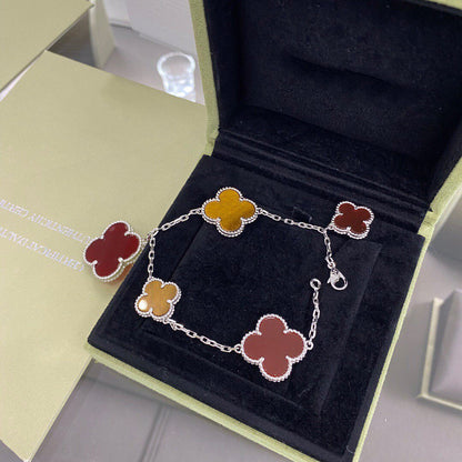 [Royal Top]CLOVER 5 MOTIFS SIVLER CARNELIAN TIGER EYE BRACELET
