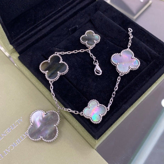 [Royal Top]CLOVER 5 MOTIFS SIVLER DARK MOP BRACELET