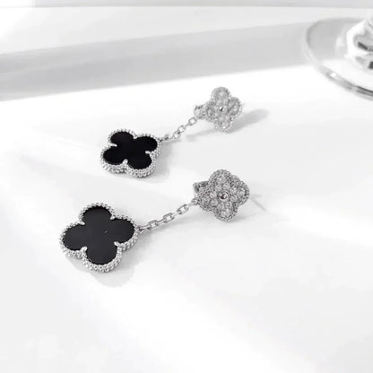 [Royal Top]CLOVER 2 MOTIFS  DIAMOND ONYX EARRINGS SILVER