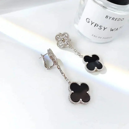 [Royal Top]CLOVER 2 MOTIFS  DIAMOND ONYX EARRINGS SILVER