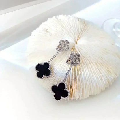 [Royal Top]CLOVER 2 MOTIFS  DIAMOND ONYX EARRINGS SILVER