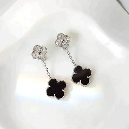 [Royal Top]CLOVER 2 MOTIFS  DIAMOND ONYX EARRINGS SILVER