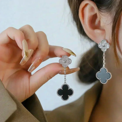 [Royal Top]CLOVER 2 MOTIFS  DIAMOND ONYX EARRINGS SILVER