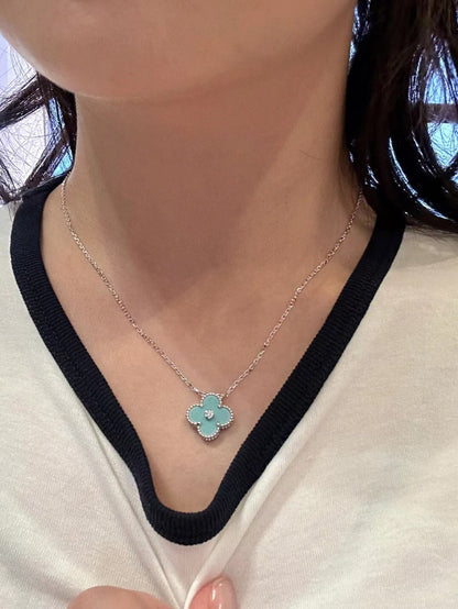 [Royal Top]CLOVER 1 DIAMOND LIGHT BLUE SILVER NECKLACE