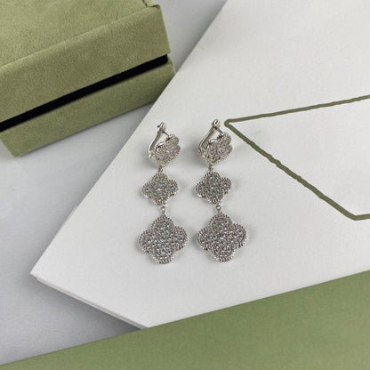 [Royal Top]CLOVER 3 MOTIF DIAMOND SILVER DROP EARRINGS