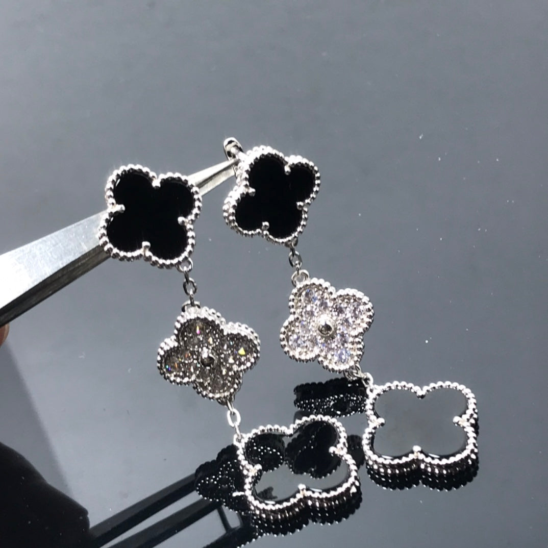 [Royal Top]CLOVER 3 MOTIF DIAMOND ONYX SILVER EARRINGS