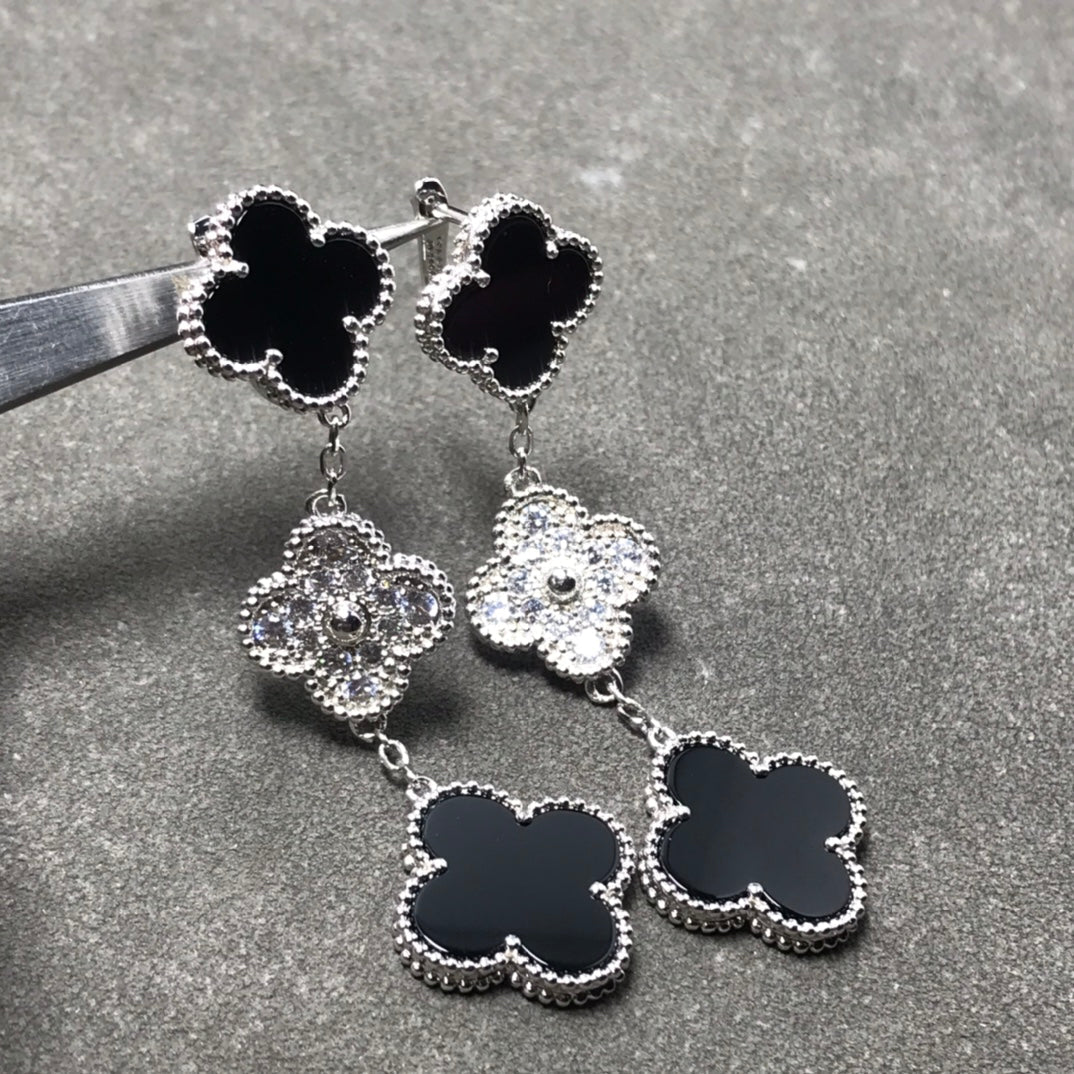 [Royal Top]CLOVER 3 MOTIF DIAMOND ONYX SILVER EARRINGS