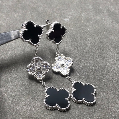 [Royal Top]CLOVER 3 MOTIF DIAMOND ONYX SILVER EARRINGS