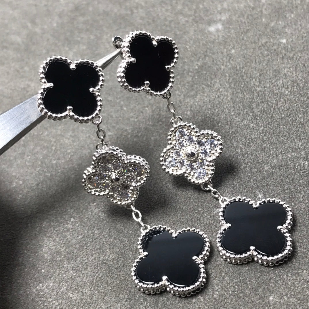 [Royal Top]CLOVER 3 MOTIF DIAMOND ONYX SILVER EARRINGS