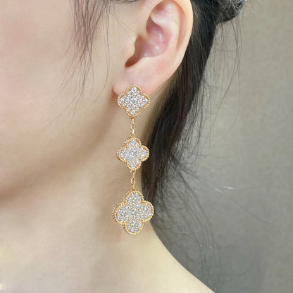 [Royal Top]CLOVER 3 MOTIFS DIAMOND PAVED ROSE GOLD EARRINGS