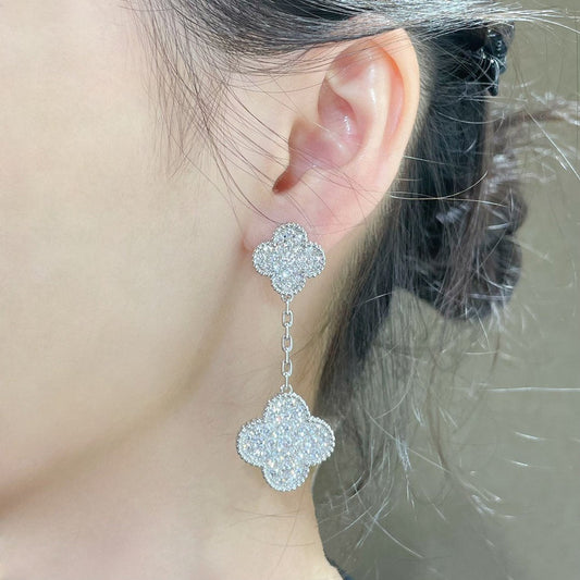 [Royal Top]CLOVER 2 MOTIFS DIAMOND PAVED SILVER EARRINGS
