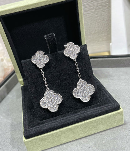 [Royal Top]CLOVER 2 MOTIFS DIAMOND PAVED SILVER EARRINGS
