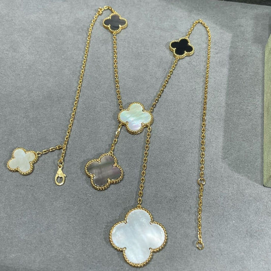 [Royal Top]CLOVER 6 MOTIF MOP ONYX GOLD NECKLACE