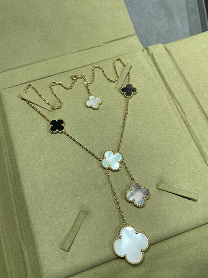 [Royal Top]CLOVER 6 MOTIF MOP ONYX GOLD NECKLACE