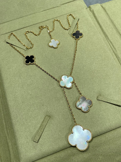 [Royal Top]CLOVER 6 MOTIF MOP ONYX GOLD NECKLACE