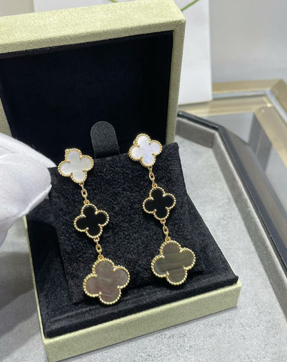 [Royal Top]CLOVER 3 MOTIF MOP ONYX DARK MOP PINK GOLD EARRINGS