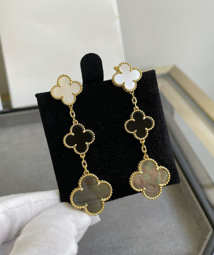 [Royal Top]CLOVER 3 MOTIF MOP ONYX DARK MOP PINK GOLD EARRINGS
