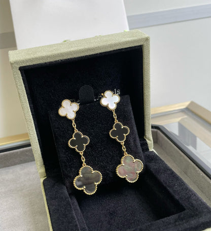 [Royal Top]CLOVER 3 MOTIF MOP ONYX DARK MOP PINK GOLD EARRINGS