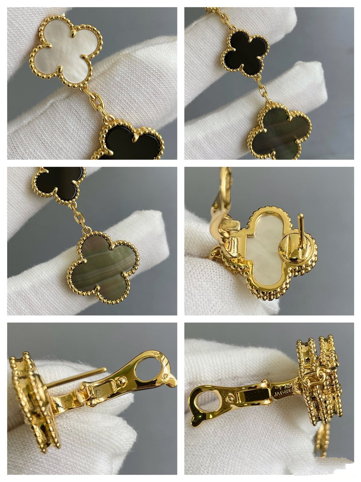 [Royal Top]CLOVER 3 MOTIF MOP ONYX DARK MOP PINK GOLD EARRINGS