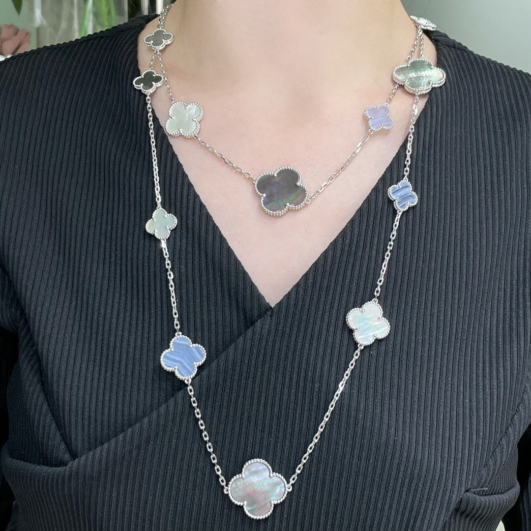 [Royal Top]CLOVER 16 MOTIF CHALCEDONY MOP SILVER NECKLACE