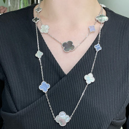 [Royal Top]CLOVER 16 MOTIF CHALCEDONY MOP SILVER NECKLACE