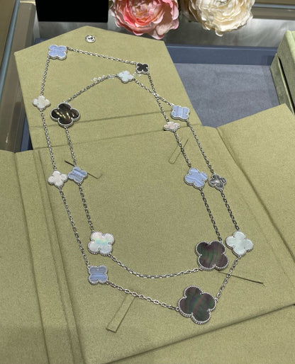 [Royal Top]CLOVER 16 MOTIF CHALCEDONY MOP SILVER NECKLACE