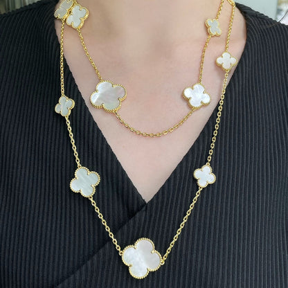 [Royal Top]CLOVER 16 MOTIF WHITE MOP GOLD NECKLACE