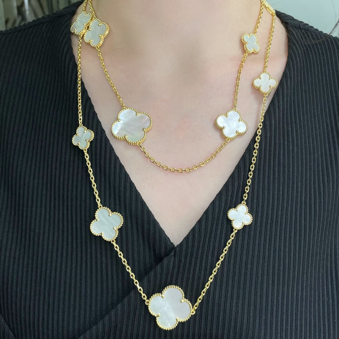 [Royal Top]CLOVER 16 MOTIF WHITE MOP GOLD NECKLACE