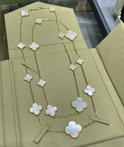 [Royal Top]CLOVER 16 MOTIF WHITE MOP GOLD NECKLACE