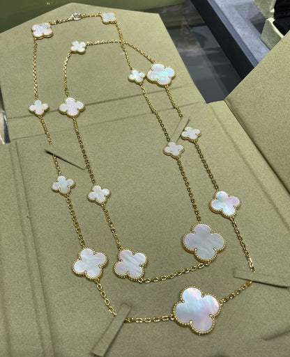 [Royal Top]CLOVER 16 MOTIF WHITE MOP GOLD NECKLACE