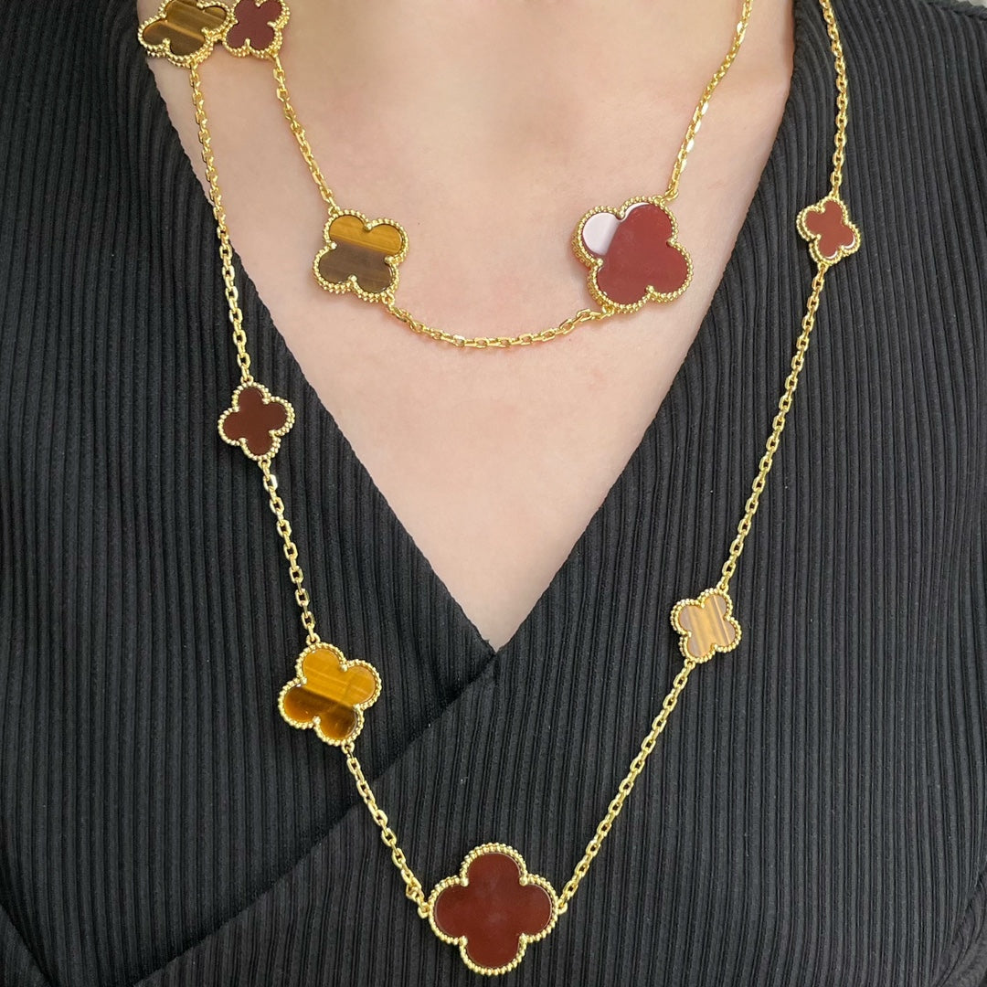 [Royal Top]CLOVER 16 MOTIF CARNELIAN TIGER EYE ROSE GOLD NECKLACE