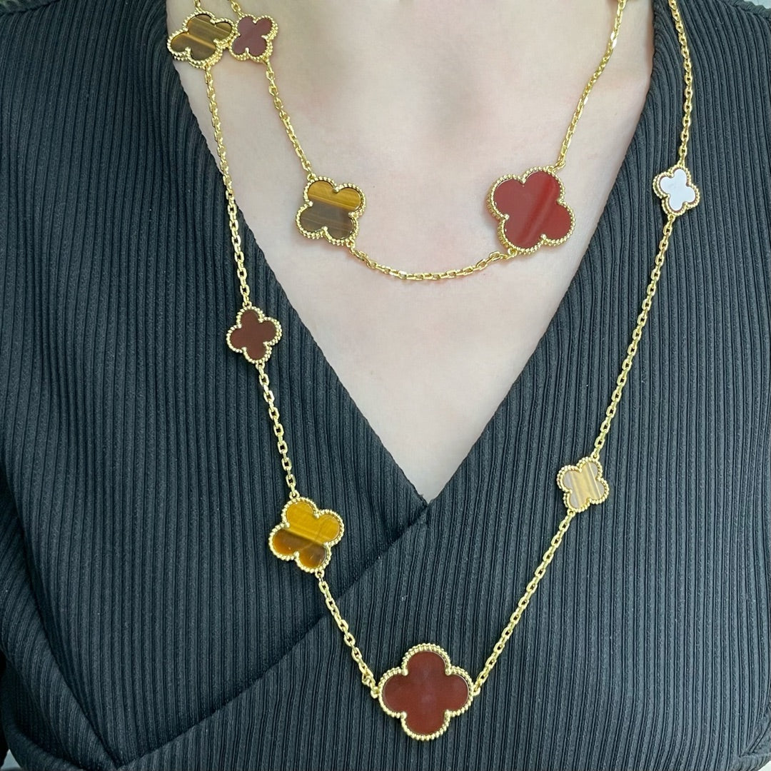 [Royal Top]CLOVER 16 MOTIF CARNELIAN TIGER EYE ROSE GOLD NECKLACE