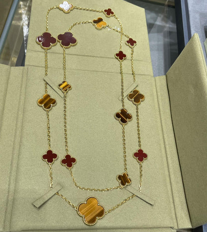 [Royal Top]CLOVER 16 MOTIF CARNELIAN TIGER EYE ROSE GOLD NECKLACE