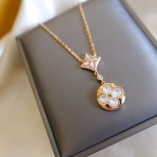 [Royal Top]STAR AND SUN WHITE MOP 2 MOTIF PINK GOLD NECKLACE
