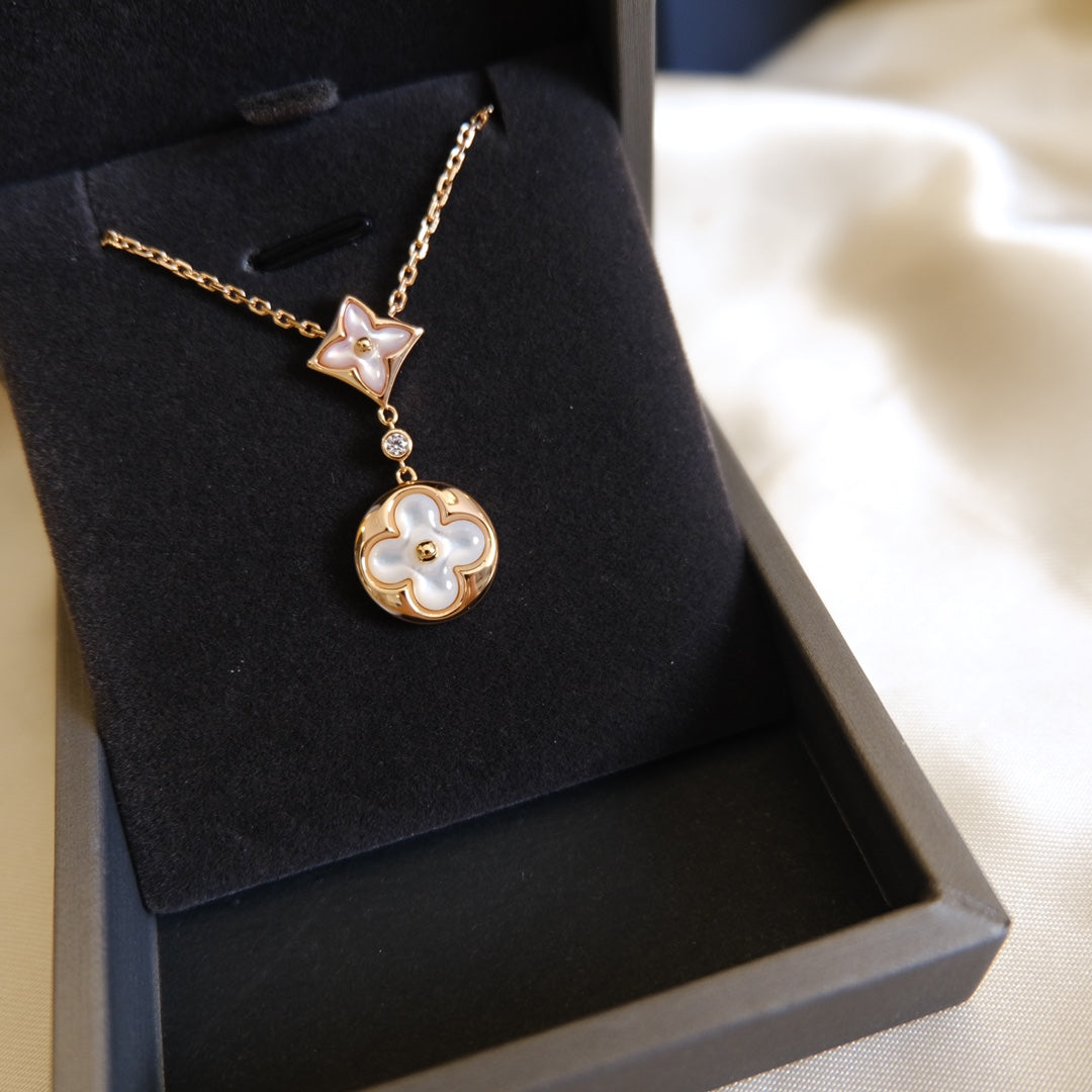 [Royal Top]STAR AND SUN WHITE MOP 2 MOTIF PINK GOLD NECKLACE