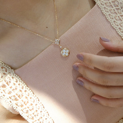 [Royal Top]STAR AND SUN WHITE MOP 2 MOTIF PINK GOLD NECKLACE
