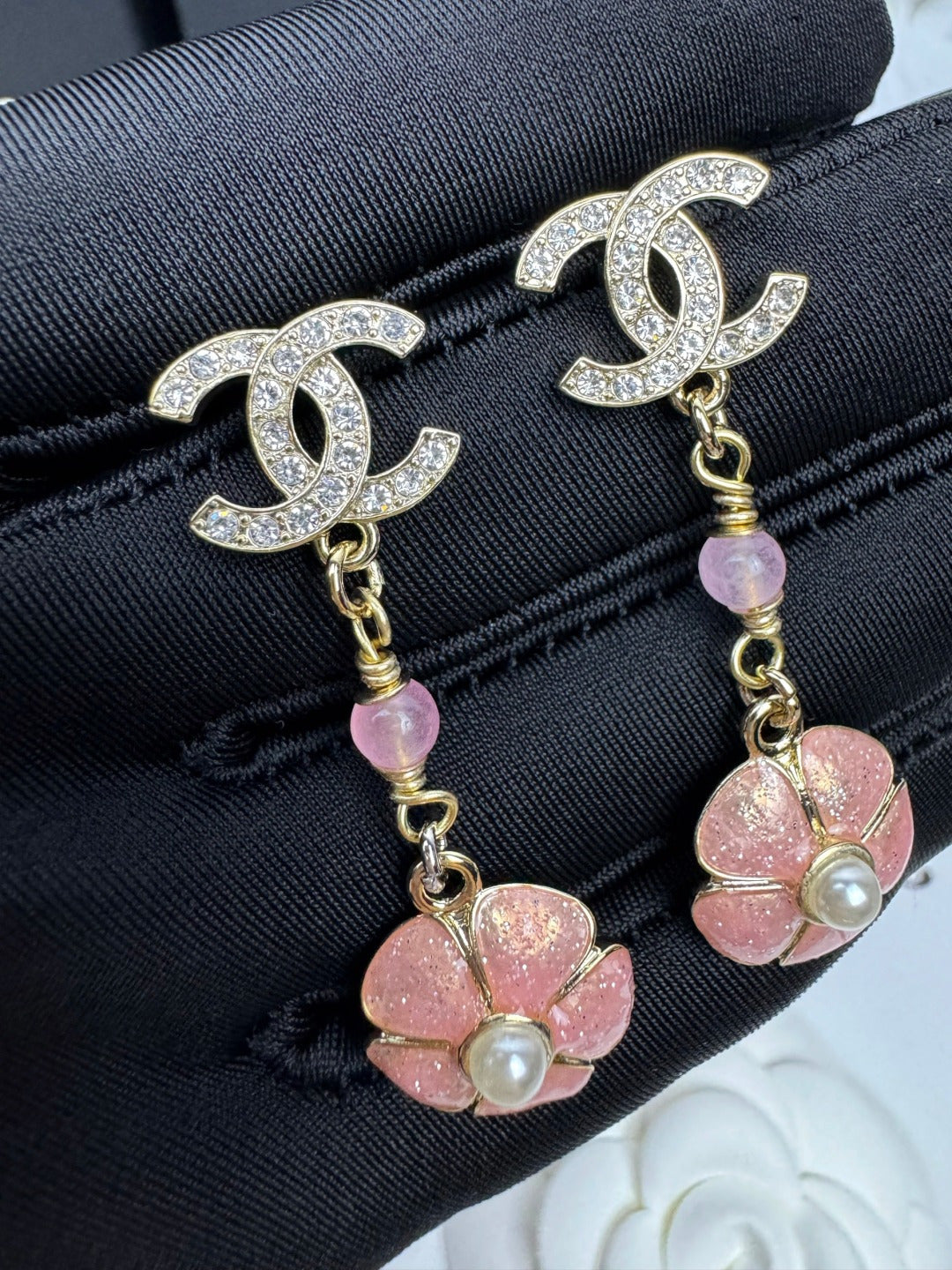 [Royal Top]26C Pink Camellia Enamel Pendant with Double C Earrings