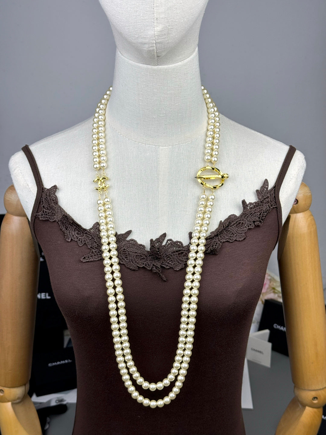 [Royal Top]25K Pencil Double C Double-Layer Pearl Sweater Chain