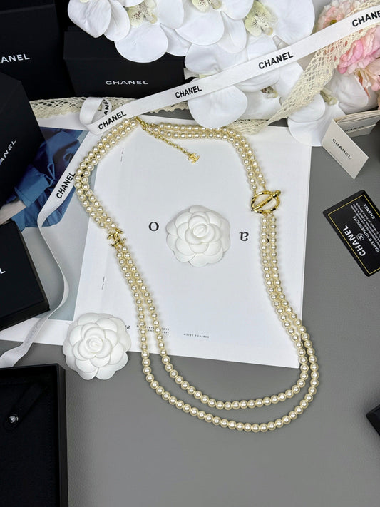 [Royal Top]25K Pencil Double C Double-Layer Pearl Sweater Chain