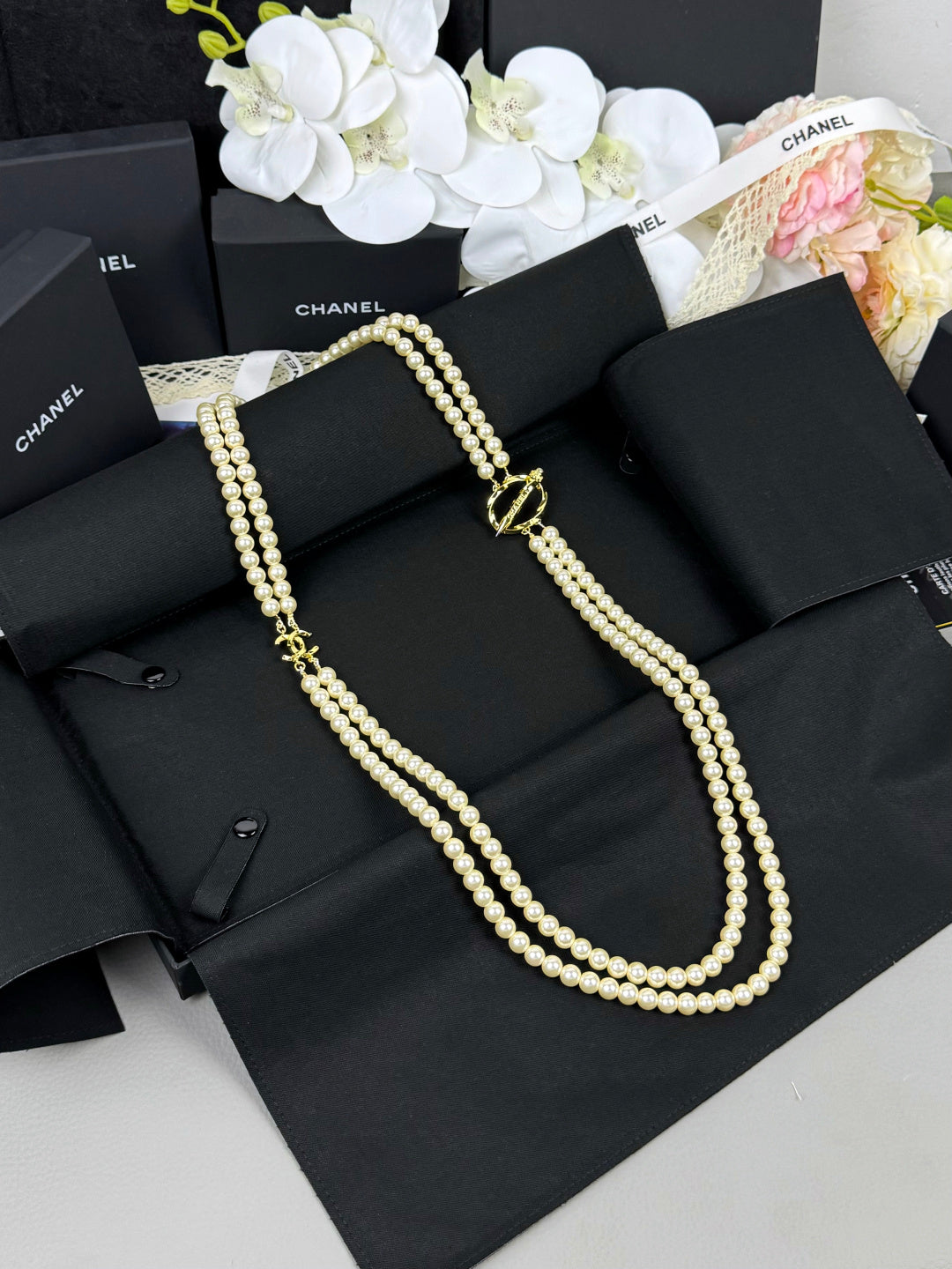 [Royal Top]25K Pencil Double C Double-Layer Pearl Sweater Chain