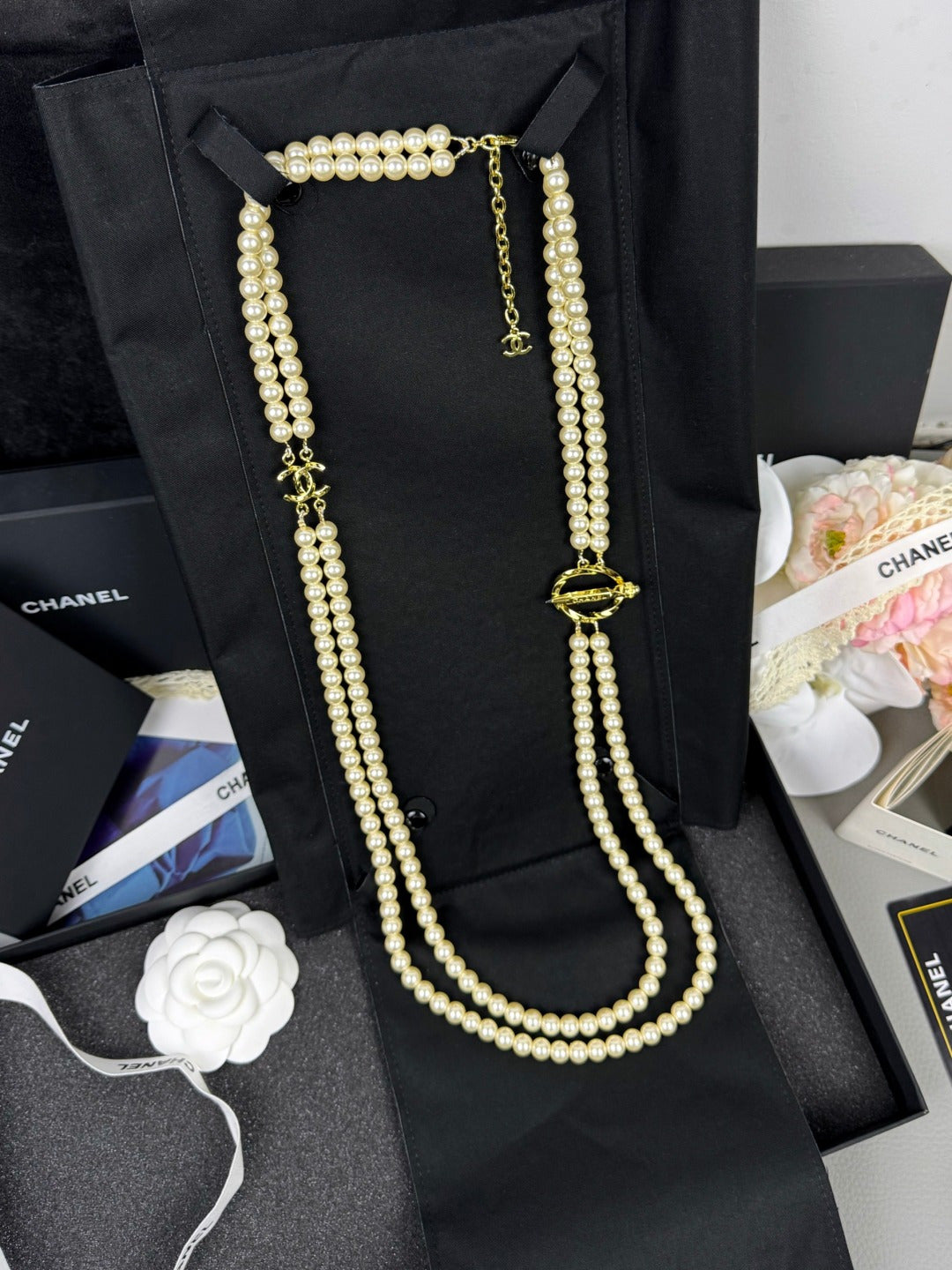 [Royal Top]25K Pencil Double C Double-Layer Pearl Sweater Chain