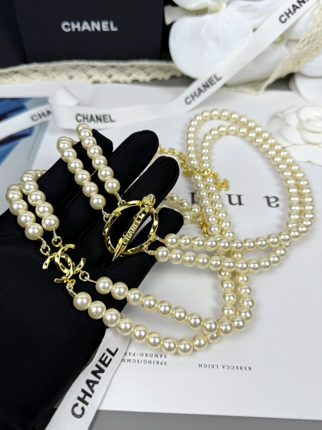 [Royal Top]25K Pencil Double C Double-Layer Pearl Sweater Chain