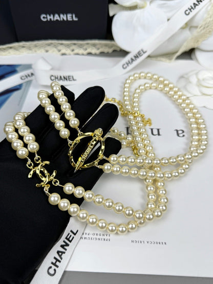 [Royal Top]25K Pencil Double C Double-Layer Pearl Sweater Chain