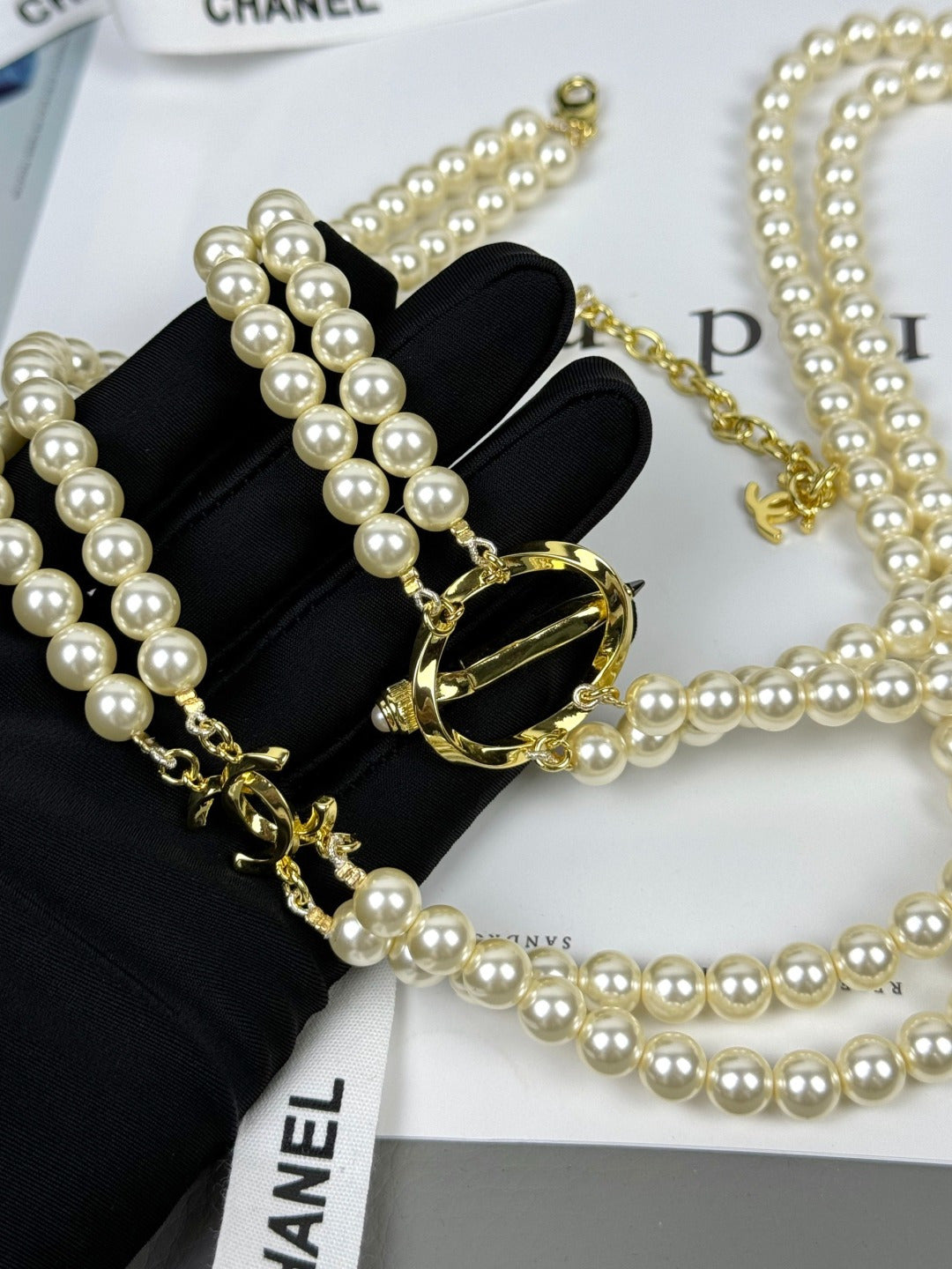 [Royal Top]25K Pencil Double C Double-Layer Pearl Sweater Chain