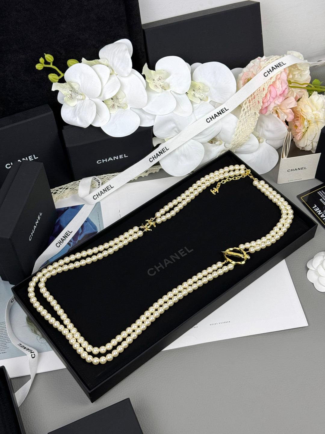 [Royal Top]25K Pencil Double C Double-Layer Pearl Sweater Chain