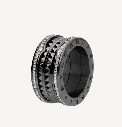 [Royal Top]ZERO 1 ROCK FOUR-BAND BLACK CERAMIC WITH STUDDED SPIRAL AND PAVED DIAMONDS RING